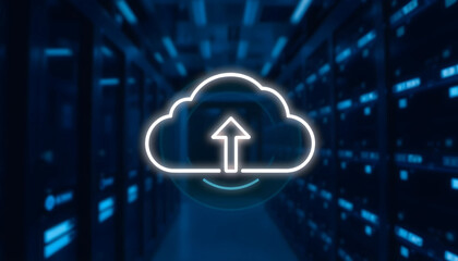 A White Cloud Upload Icon in a Server Room for Data Transfer and Cloud Technology Concepts