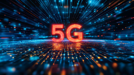 Low latency 5G technology – Vibrant 5G Technology Background with Dynamic Light Streams and Digital Effects