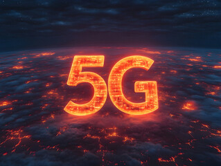 Low latency 5G technology – Vibrant 5G Technology Symbolizing Connectivity Above a Cloudy Earth at Night