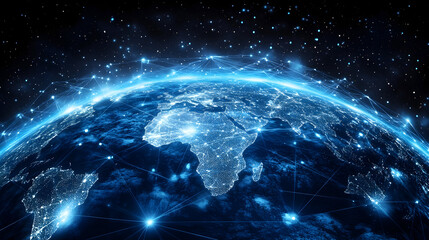 Obraz premium Low latency 5G technology – Stunning view of Earth from space showcasing Africa illuminated at night