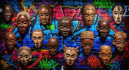 A collection of diverse African tribal masks displayed against a vibrant graffiti-covered brick wall.