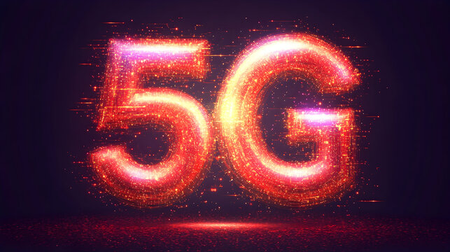 Low latency 5G technology – Vibrant 5G Digital Display with Colorful Particles in a Futuristic Setting