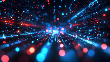 Low latency 5G technology – Vibrant abstract digital background with glowing particles in motion, creating depth