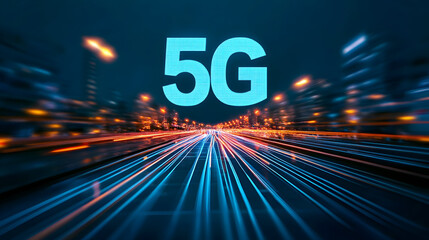 Low latency 5G technology – Vibrant cityscape at night showcasing 5G technology with light trails