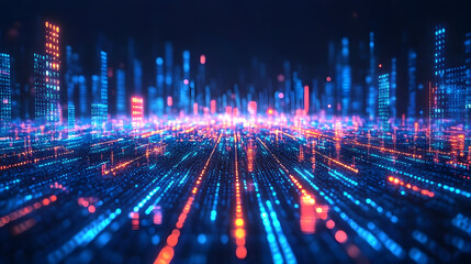 Low latency 5G technology – Vibrant digital cityscape with glowing lights and data streams at night