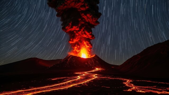 A dramatic nighttime volcanic eruption with glowing lava and star trails in the sky.