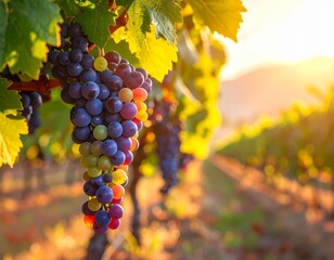 Fototapeta premium Bunch of ripe grapes hanging on vine