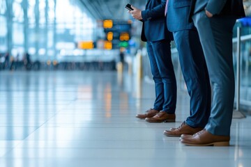 Obraz premium Business professionals standing in a modern airport terminal wea formal suits and waiting with smartphones for travel or transportation arrangements