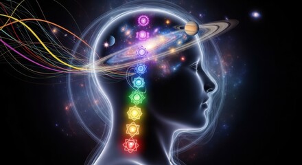Human mind connection with universe, chakra flow and cosmic energy integration