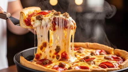 A delicious slice of deep-dish pizza being lifted, with a long, dramatic cheese pull.