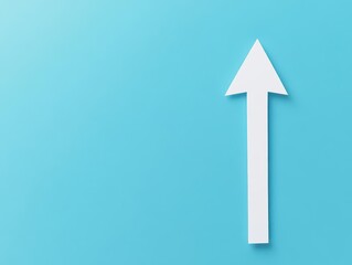 Minimalist white arrow pointing upwards on vibrant blue background symbolizing growth progress or upward movement in a simple modern design