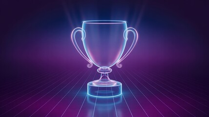 Neon Trophy Cup Glows on Grid. Symbolizes victory, achievement. Futuristic, vibrant for marketing, design, web content. 3D render.