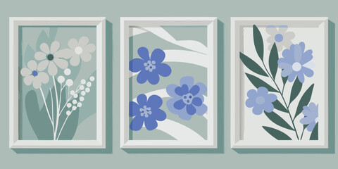 Three framed abstract floral art prints with a muted color palette and minimalist style