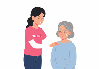 Volunteer consoles sad elderly woman with gentle kindness, compassion. Suitable for wellness, mental health, support services, and elderly care concepts.