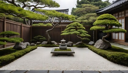 Obraz premium Serene Japanese Zen Garden: Stone Lantern, Moss, and Carefully Pruned Pines