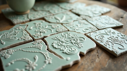 Naklejka premium Decorative Mint Green Ornamental Tiles with Intricate Floral Patterns on Wooden Surface