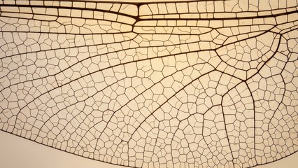 A macro, backlit photograph of the intricate vein pattern of a dragonfly wing.