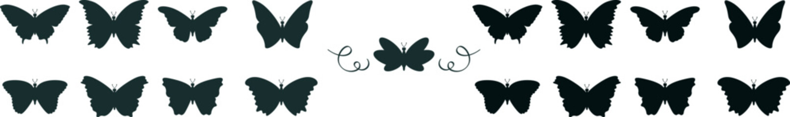 Butterfly & Flourish Icon Set – Vector Silhouettes of Symmetrical Butterflies and Decorative Swirls for Nature, Wedding, and Ornamental Design Projects