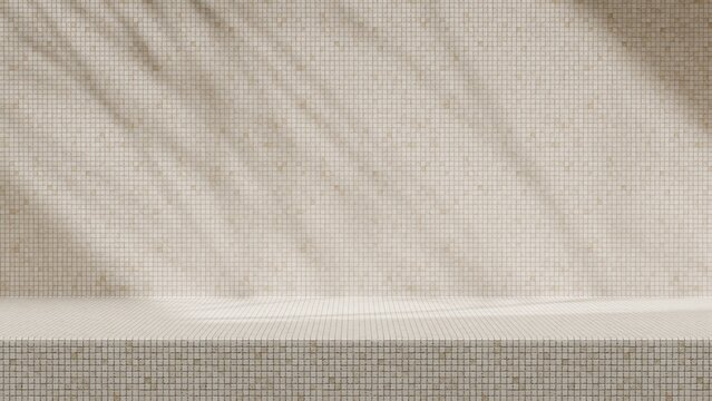 Beige mosaic tile wall, composed of small, square ceramic tiles arranged in a grid pattern. Warm and neutral tone, versatile background design concepts.modern mockup