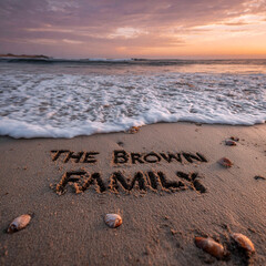 Fototapeta premium The Brown Family Name Etched into Wet Shoreline Sand with Centered Composition – ideal for family portraits