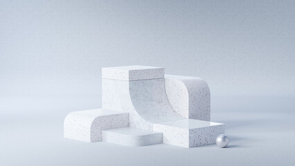 Abstract 3D scene featuring a modern terrazzo podium product display with curved and cubic shapes on a soft gradient background. Perfect for product display, branding, or minimalist design concepts.
