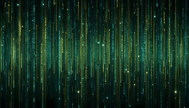 Abstract Digital Rain: Glowing Green and Yellow Code Streams on Black Background