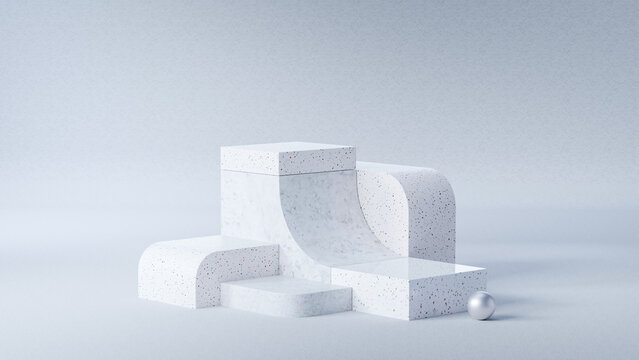 Abstract 3D scene featuring a modern terrazzo podium product display with curved and cubic shapes on a soft gradient background. Perfect for product display, branding, or minimalist design concepts.