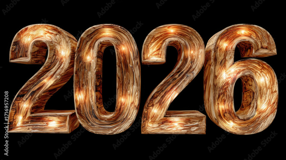 Poster wooden numbers 2026 illuminated with lights create warm and festive atmosphere, perfect for celebrat