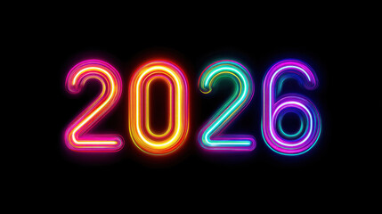 Bright and colorful neon numbers representing year 2026, glowing against dark background, creating vibrant and festive atmosphere