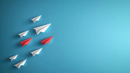 A Creative Composition of Multiple Paper Airplanes in White and Red Colors Arranged in a Dynamic Formation on a Bright Blue Background with Space for Design