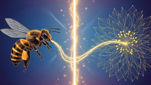 A conceptual illustration of a bee connected to a geometric flower by a line of energy.