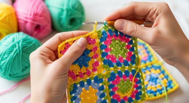 Close-up of hands crocheting a colorful granny square blanket with balls of yarn in the background.