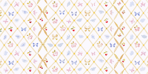 Charming watercolor pattern of butterflies flowers and cherries on a diamond grid background