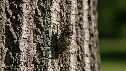 A close-up of a cicada on a tree trunk, with visible sound waves emanating from it.