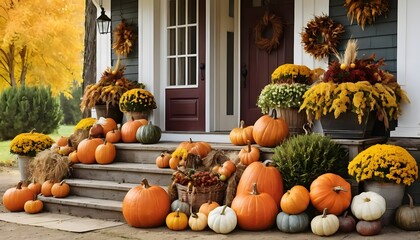 Autumnal Porch Decor: Pumpkins, Flowers, and Fall Accents on a Rustic Front Porch