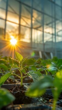 Vibrant Green Seedlings at Sunrise in a Modern Greenhouse