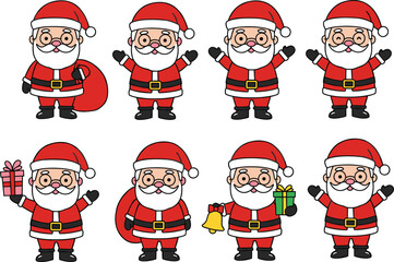 Cute cartoon Santa Claus collection, Christmas holiday illustration set, festive character poses with gifts, bag, bell, joyful holiday decoration
