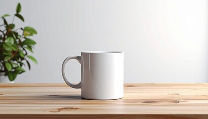 Coffee mug mockup on wooden table, minimal white background