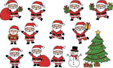 Cute Santa Claus cartoon collection, Christmas tree with gifts, snowman, festive holiday illustration set, joyful celebration decoration, winter season design