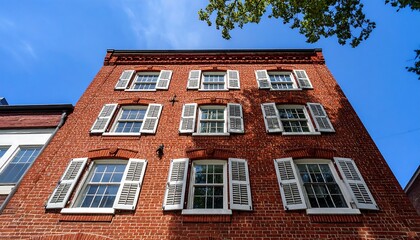 Fototapeta premium Low-angle view of a brick building with white shutters