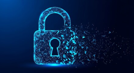 Digital padlock dissolving into glowing particles representing data security and cyber protection