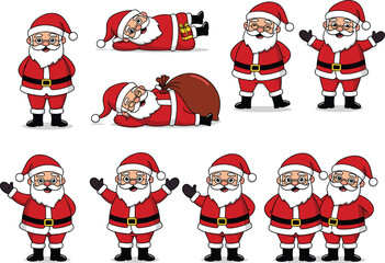 Cartoon Santa Claus character set, Christmas holiday illustration with funny poses, sleeping Santa, waving Santa, festive joyful winter decoration design