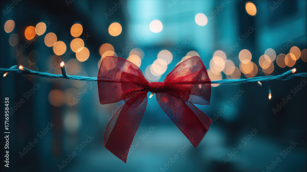 Poster vibrant red bow adorns string of lights, creating festive atmosphere in softly blurred urban setting