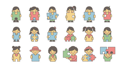 Children holding puzzle pieces symbolizing teamwork problemsolving and autism awareness in a playful and educational context.