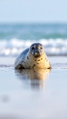 Harbor seal on beach, calm water reflection