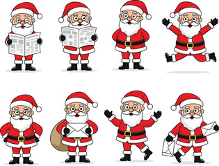 Santa Claus cartoon character set, reading newspaper, holding letter, carrying gift bag, waving, jumping, Christmas holiday illustration, festive design