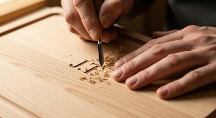 Naklejka premium A craftsman meticulously carves initials into a wooden surface with a sharp tool, creating wood shavings.
