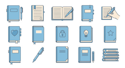 Collection of Blue Notebooks and Pens for Writing and Organization.