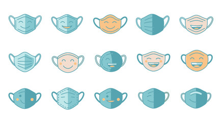 Collection of colorful face masks with different emotions and expressions.