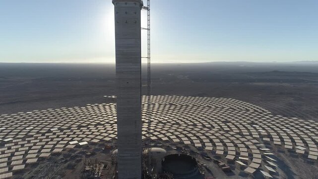 Aerial drone videos of the Cerro Dominador solar thermal power plant under construction in the Atacama Desert, Chile
